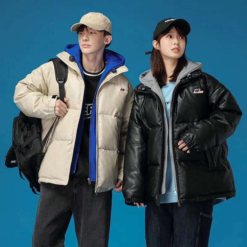 Unisex Zip-Up Faux Two-Piece Thickened Hooded Puffer Jacket
