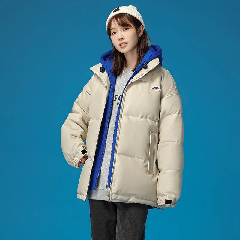 Unisex Zip-Up Faux Two-Piece Thickened Hooded Puffer Jacket