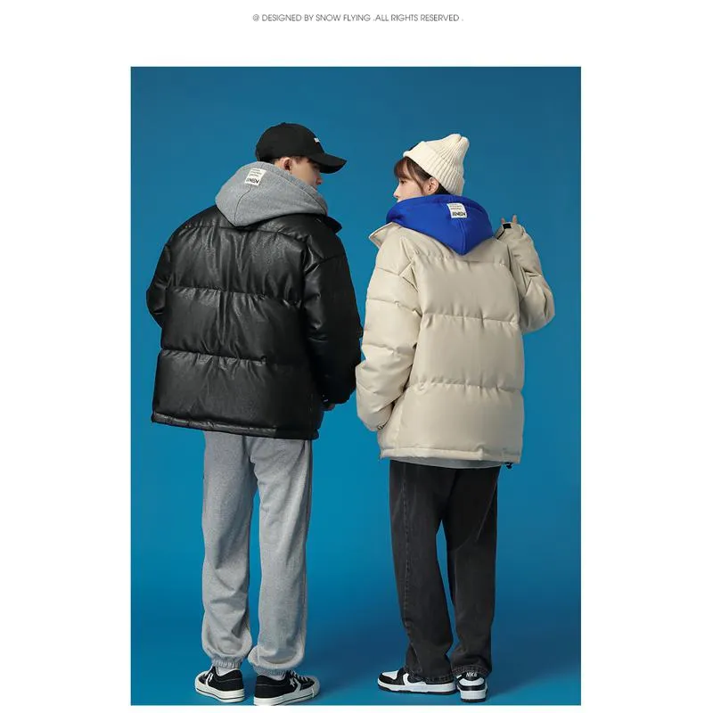 Unisex Zip-Up Faux Two-Piece Thickened Hooded Puffer Jacket