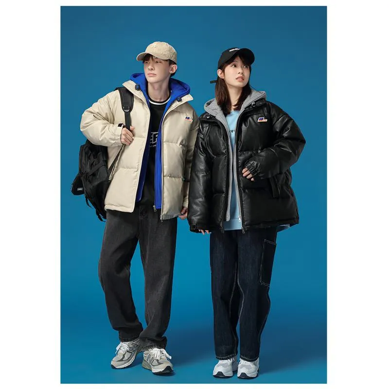 Unisex Zip-Up Faux Two-Piece Thickened Hooded Puffer Jacket