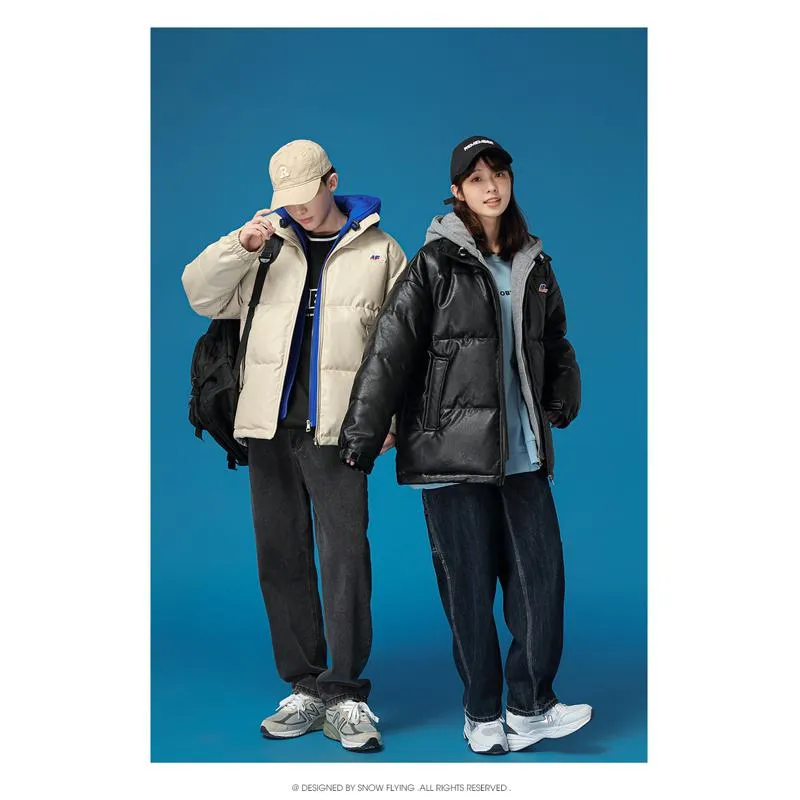 Unisex Zip-Up Faux Two-Piece Thickened Hooded Puffer Jacket