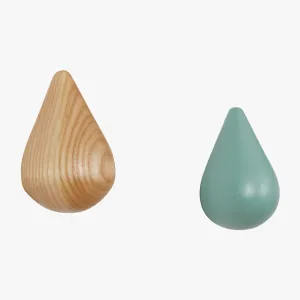 Water drop Set of 2 Wall Hooks (Pea Green and Natural)