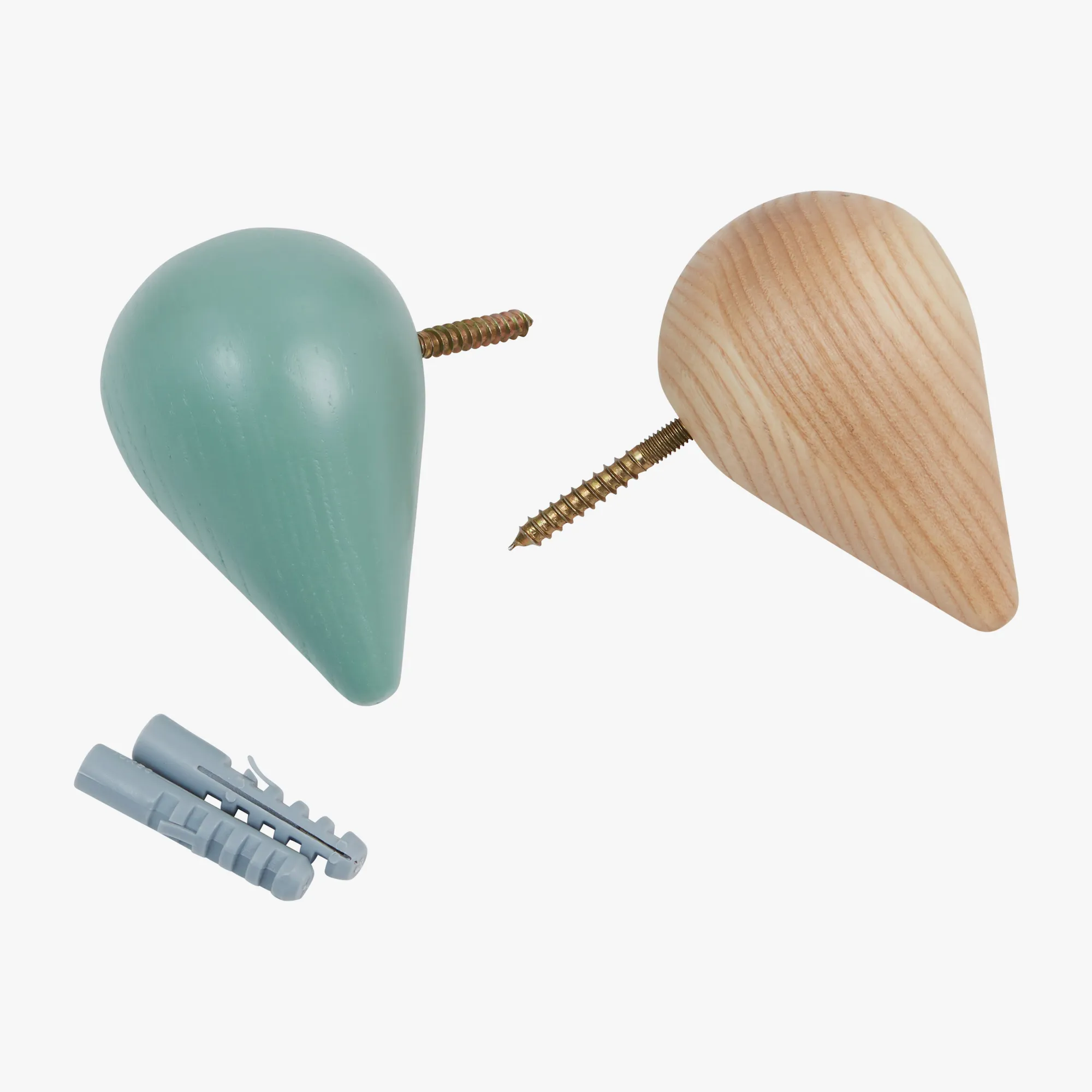 Water drop Set of 2 Wall Hooks (Pea Green and Natural)