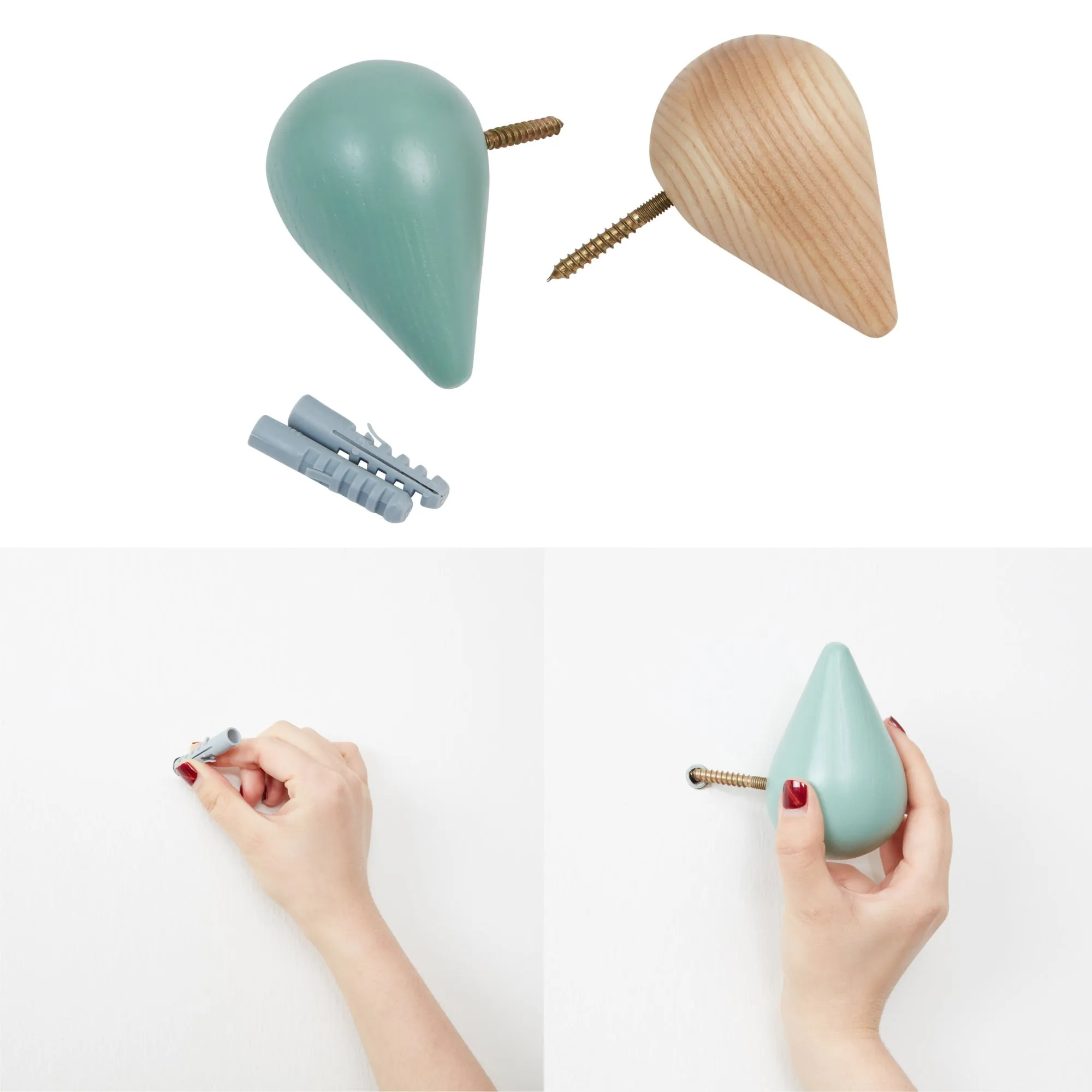 Water drop Set of 2 Wall Hooks (Pea Green and Natural)