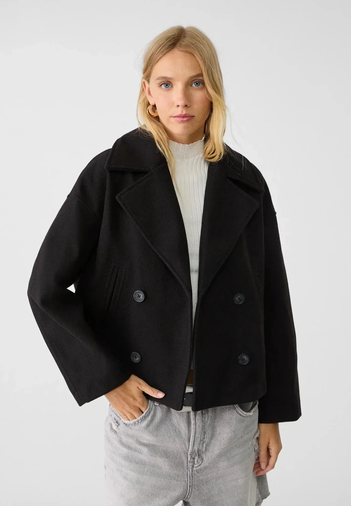 Womens Double-Breasted Jacket  Wool Look  Oversized Fit  Cropped Structured Design