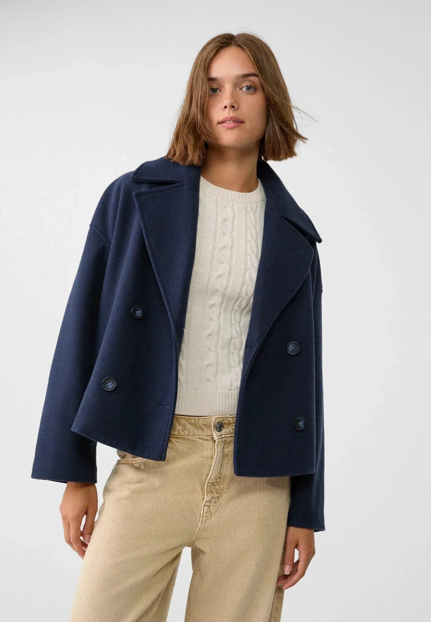 Womens Double-Breasted Jacket  Wool Look  Oversized Fit  Cropped Structured Design