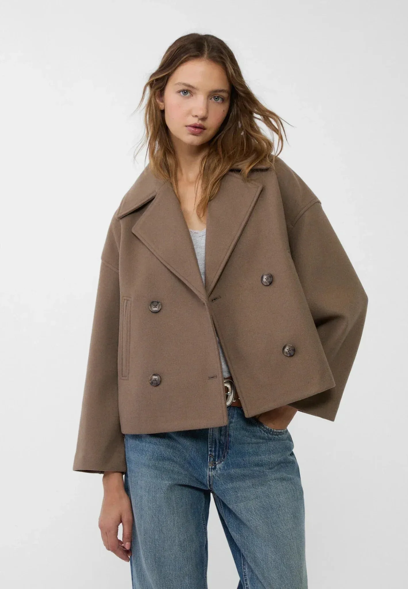 Womens Double-Breasted Jacket  Wool Look  Oversized Fit  Cropped Structured Design