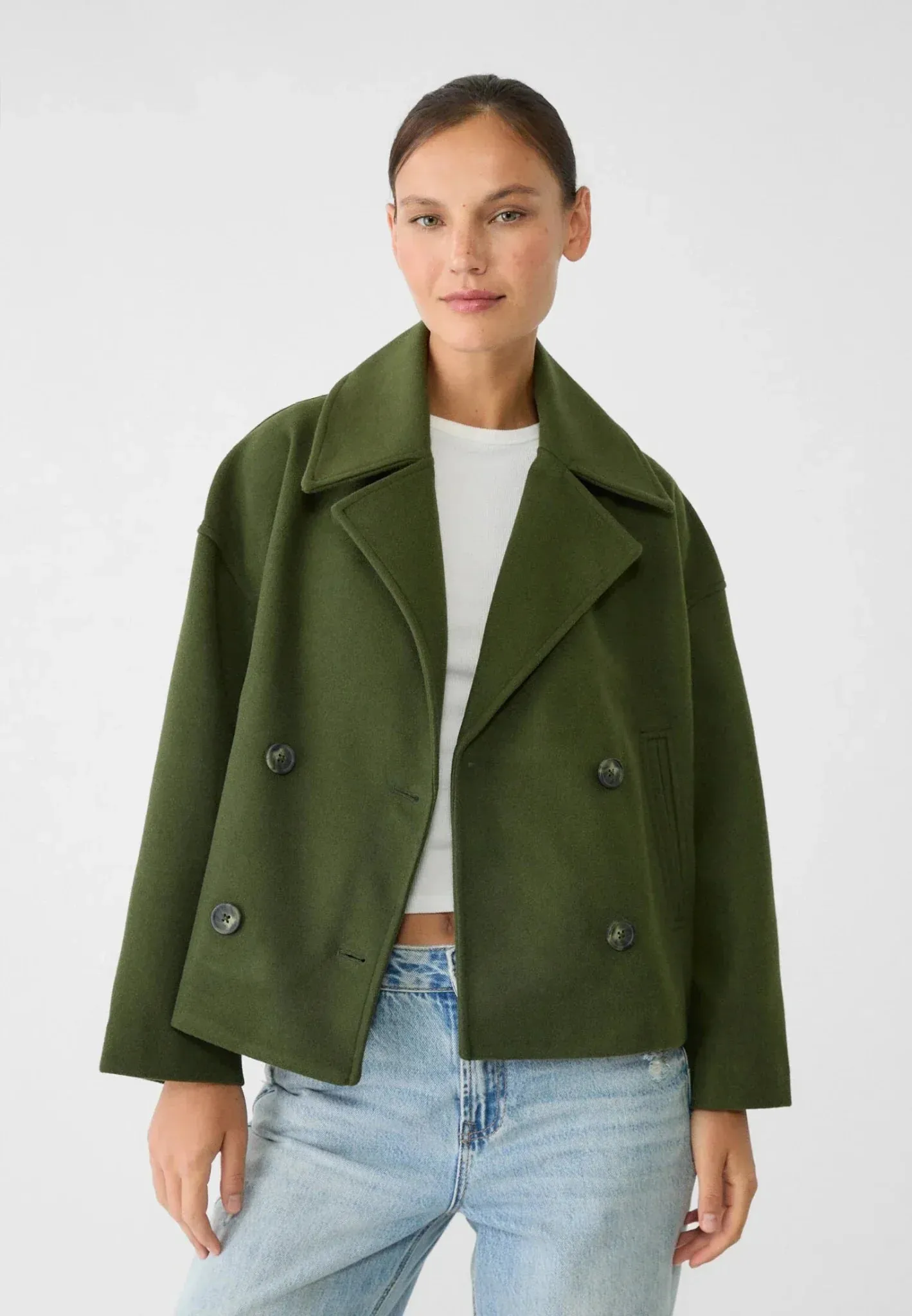 Womens Double-Breasted Jacket  Wool Look  Oversized Fit  Cropped Structured Design