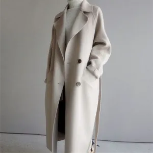 Womens Overcoat  Wool Blend  Oversized Fit  Double Breasted  Mid Length Belted