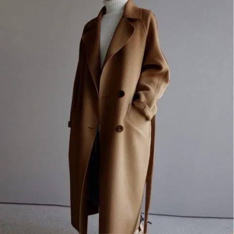Womens Overcoat  Wool Blend  Oversized Fit  Double Breasted  Mid Length Belted