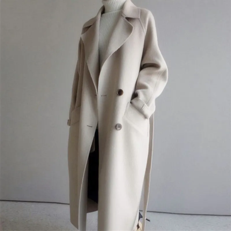 Womens Overcoat  Wool Blend  Oversized Fit  Double Breasted  Mid Length Belted